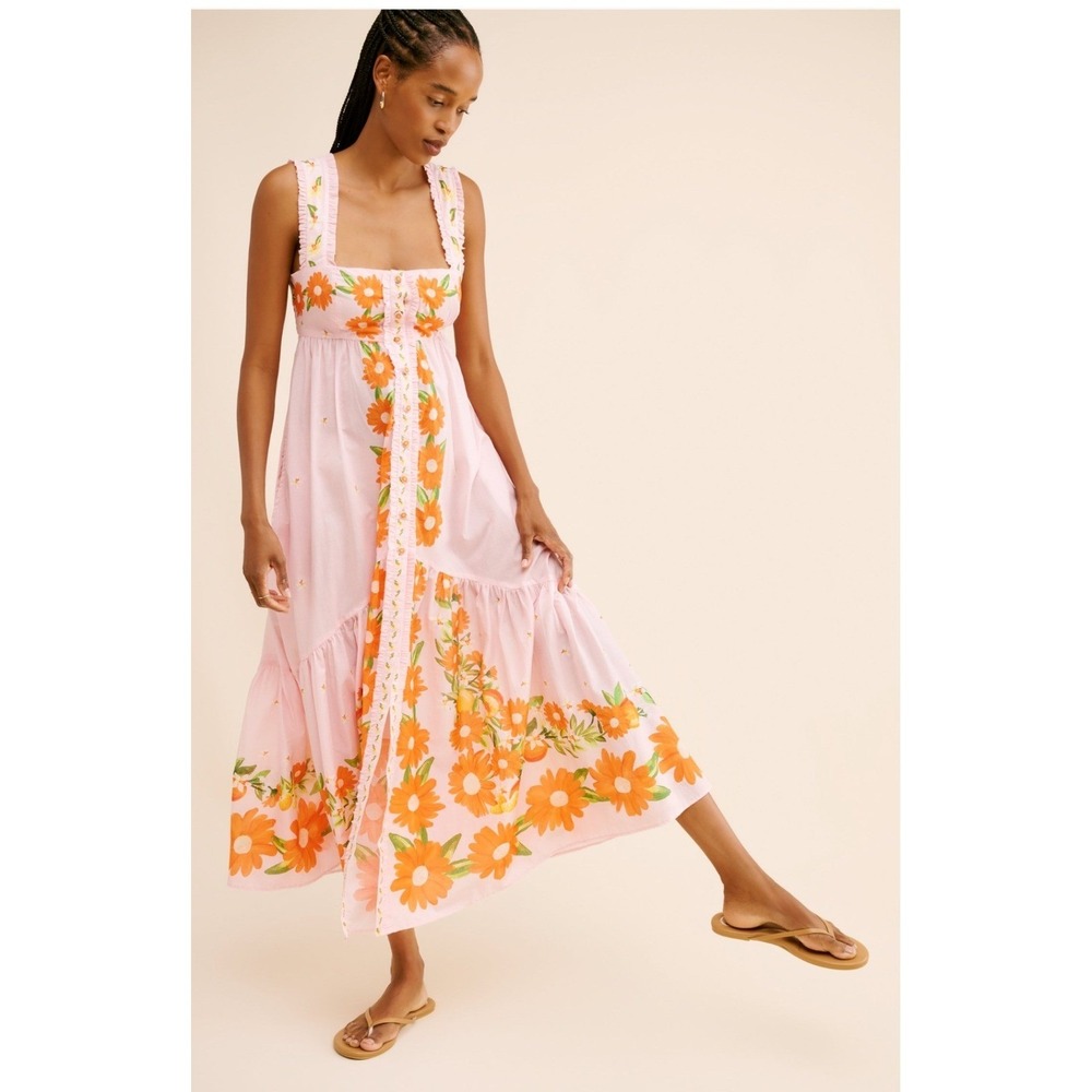 Farm Rio Papaya Salad Maxi Dress Medium Floral Tiered Ruffle Cotton Cottagecore